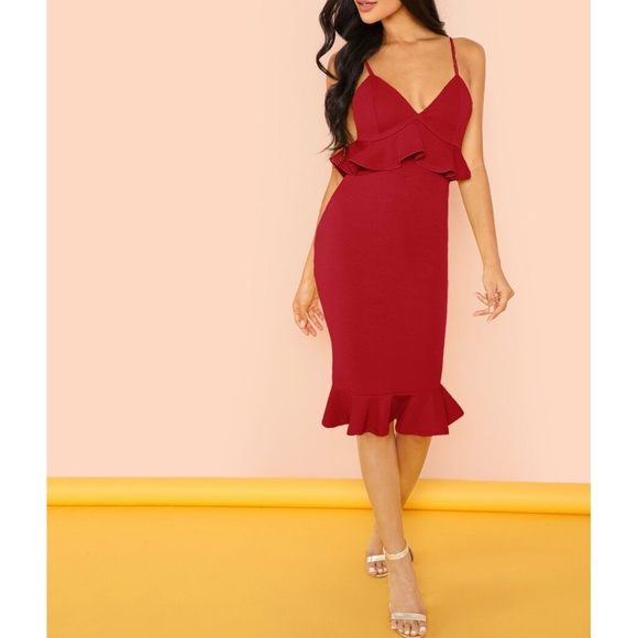 MBM Unlimited Dresses & Skirts - Maroon Red Ruffle Peplum Cami Bodycon Midi Dress